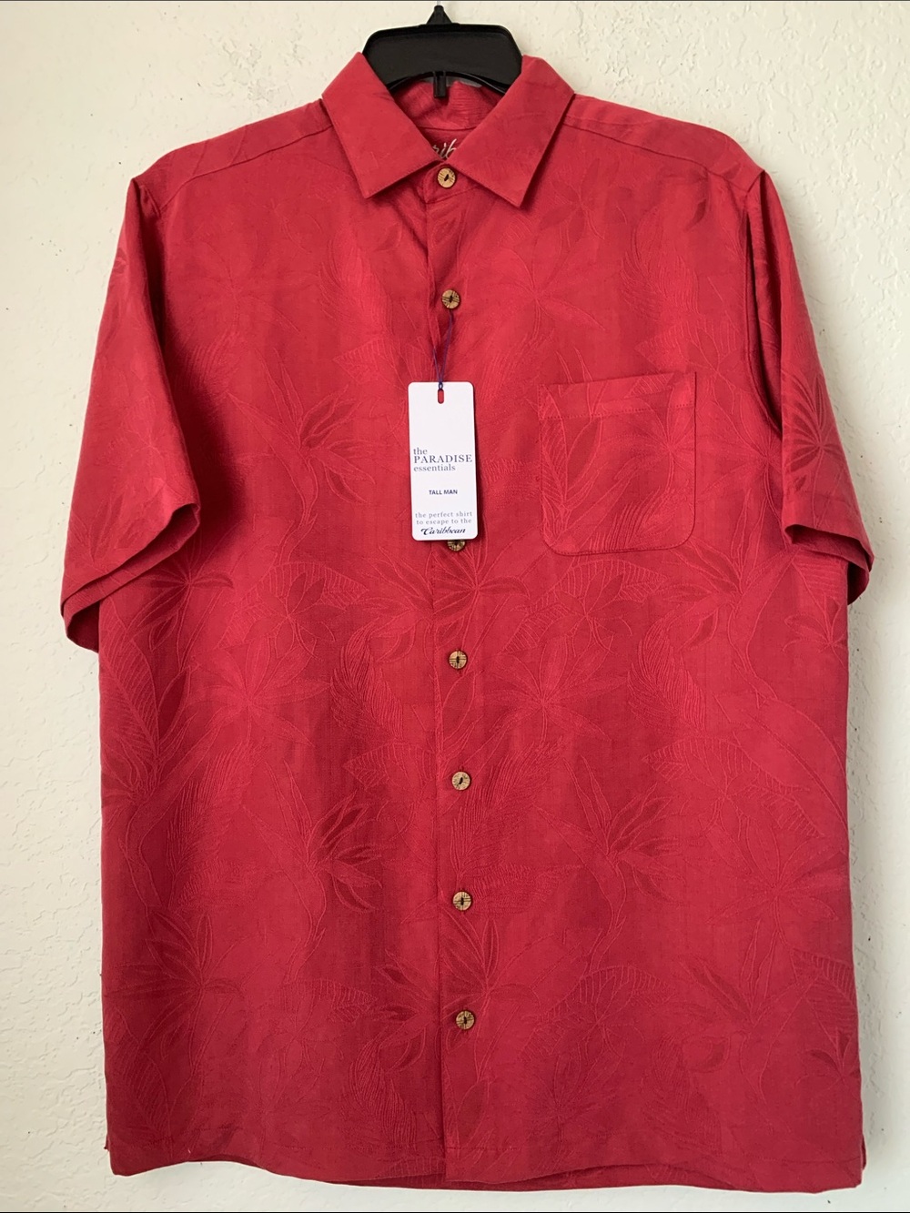 NWT Caribbean Men’s Burgundy Short-Sleeve Button-Up Textured Shirt Size LT